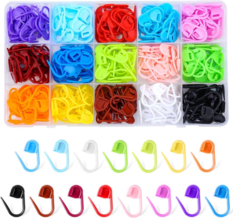 LUNARM 300 Pcs Stitch Markers, 15 Colors Crochet Stitch Needle Clip Knitting Plastic Locking Needle Clip Counter with Clear Storage Case for DIY Handicraft Place Buckle Marker - Image 1